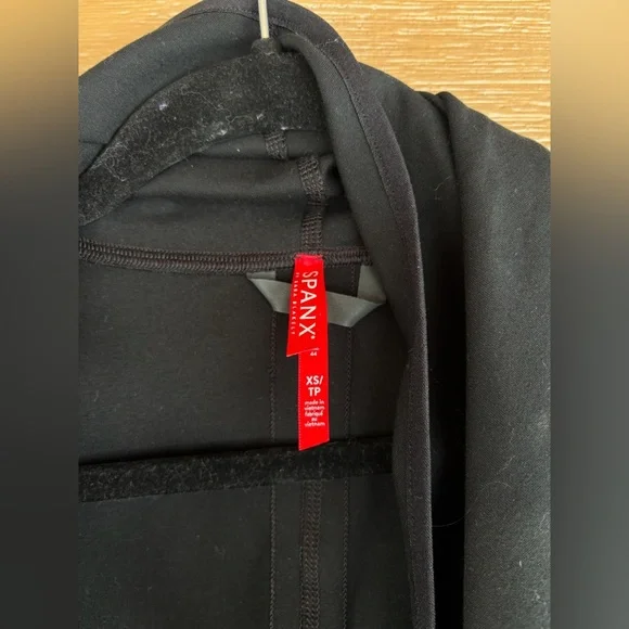 SPANX Black Draped Open-Front Ponte Jacket with Leather-Trim Sleeves Sz XS - Picture 6 of 7